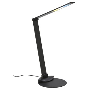 Lampada da tavolo LED nera con braccio regolabile e dimmer touch.