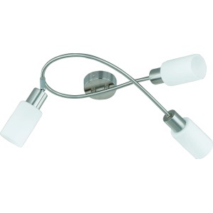 Faretto da soffitto moderno con tre paralumi bianchi e bracci curvi.