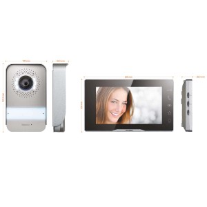 Citofono t.b.t. con dimensioni, vista frontale e laterale dell'unità interna ed esterna.