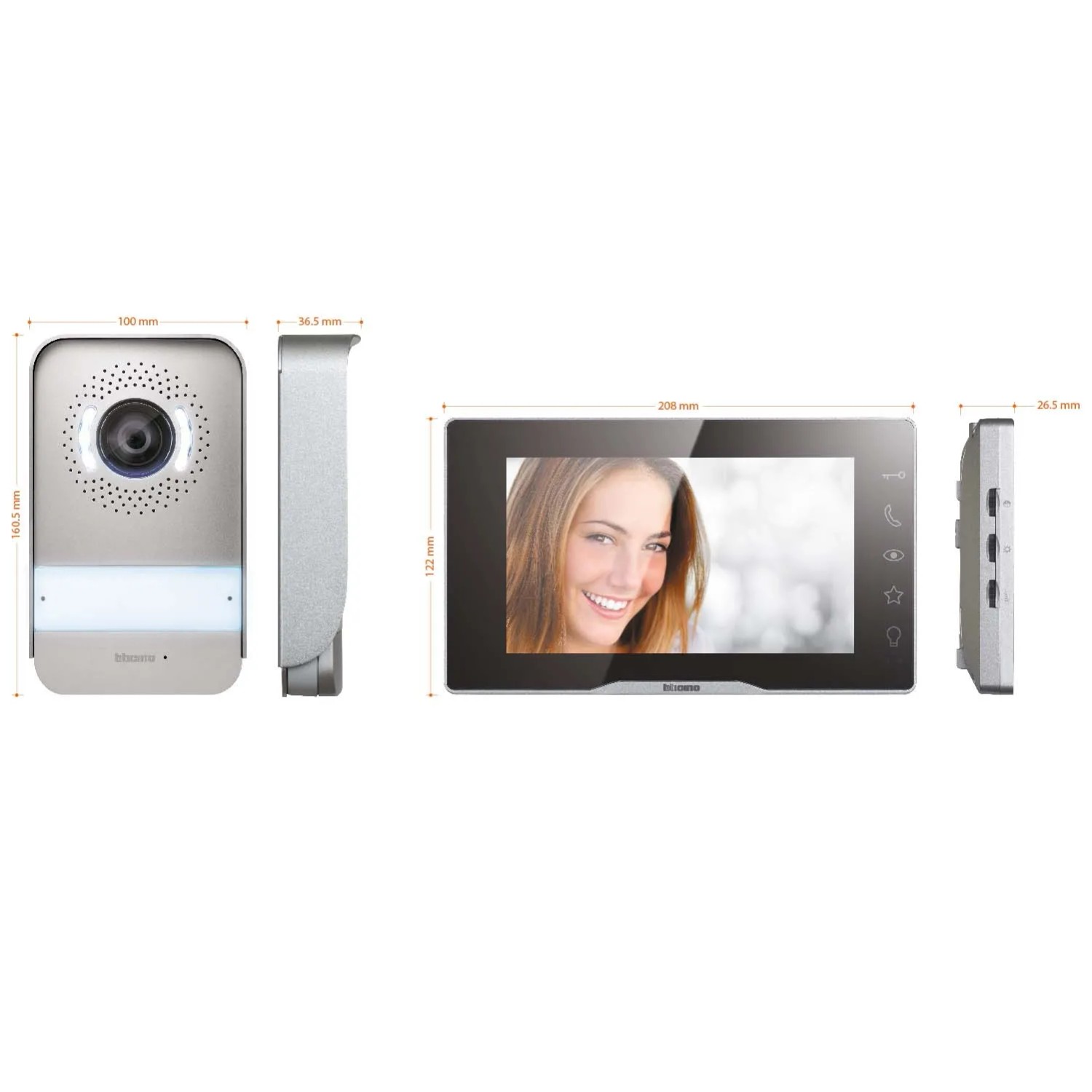 Citofono t.b.t. con dimensioni, vista frontale e laterale dell'unità interna ed esterna.