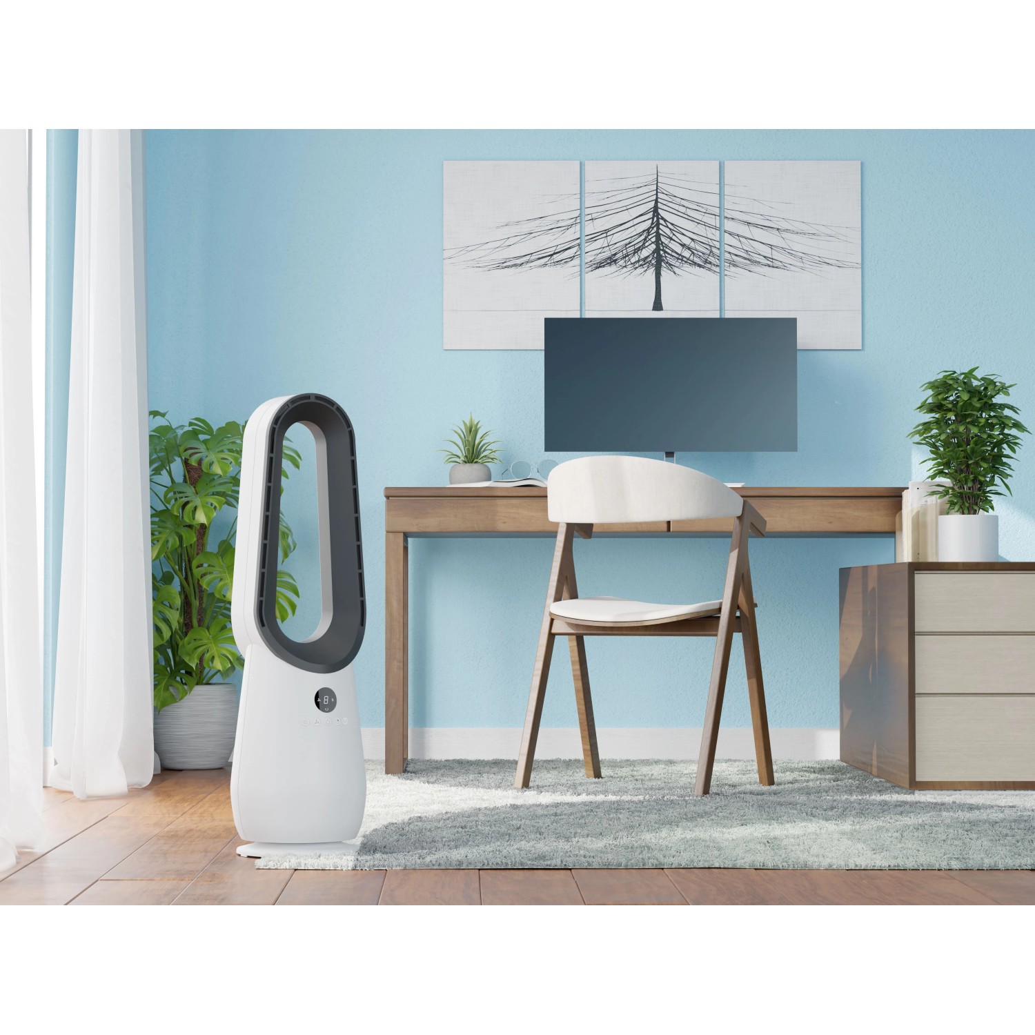 Ventilatore Cool Air TV 70-85 bianco senza pale in un soggiorno moderno.