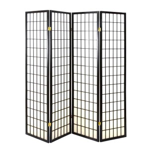 Paravento/divisorio nero con quattro pannelli e campi quadrati.