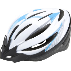 Casco da bici bianco con dettagli blu per una protezione ottimale durante il ciclismo.