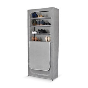 Scarpiera grigia in tessuto con ripiani multipli per riporre le scarpe.