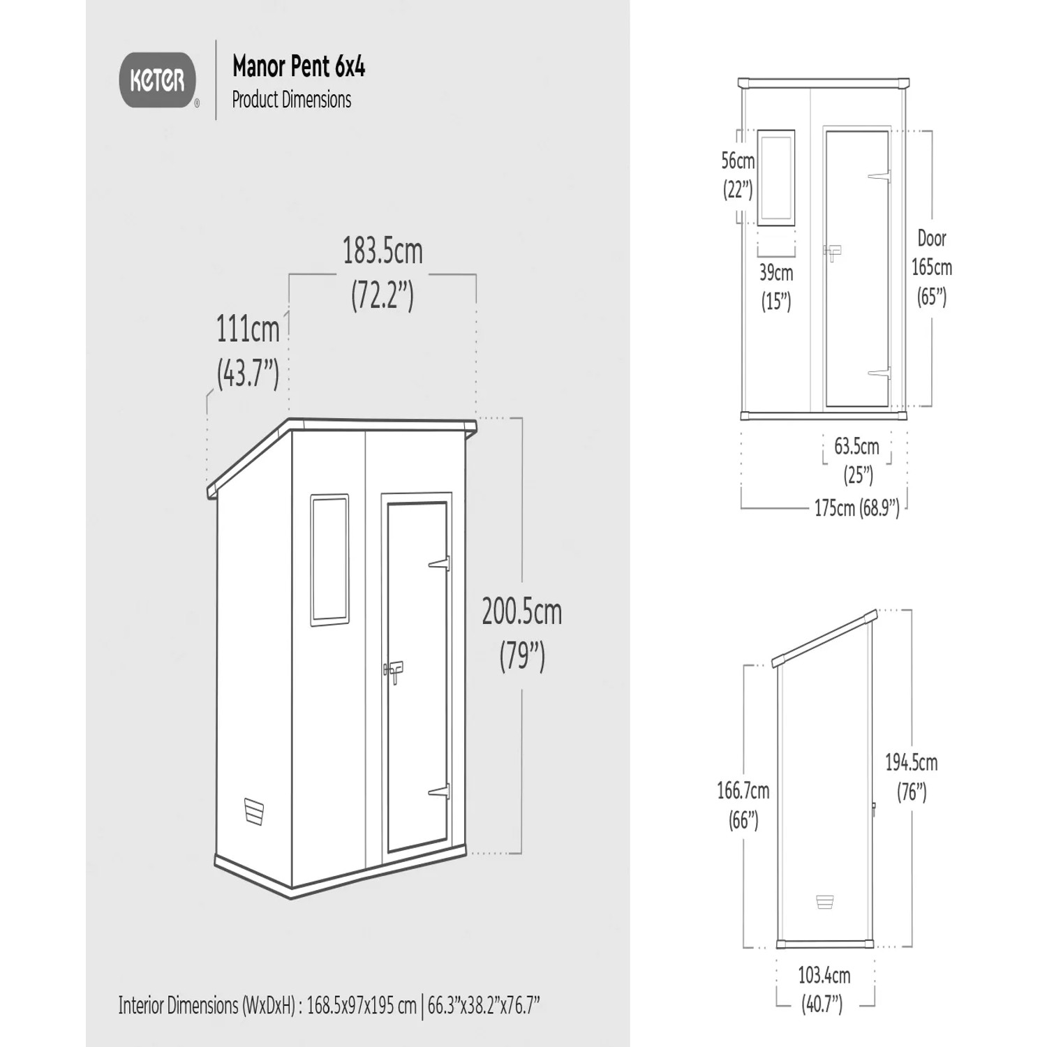 Diagramma del capanno da giardino in plastica Keter antracite 1,8 m² con dimensioni.