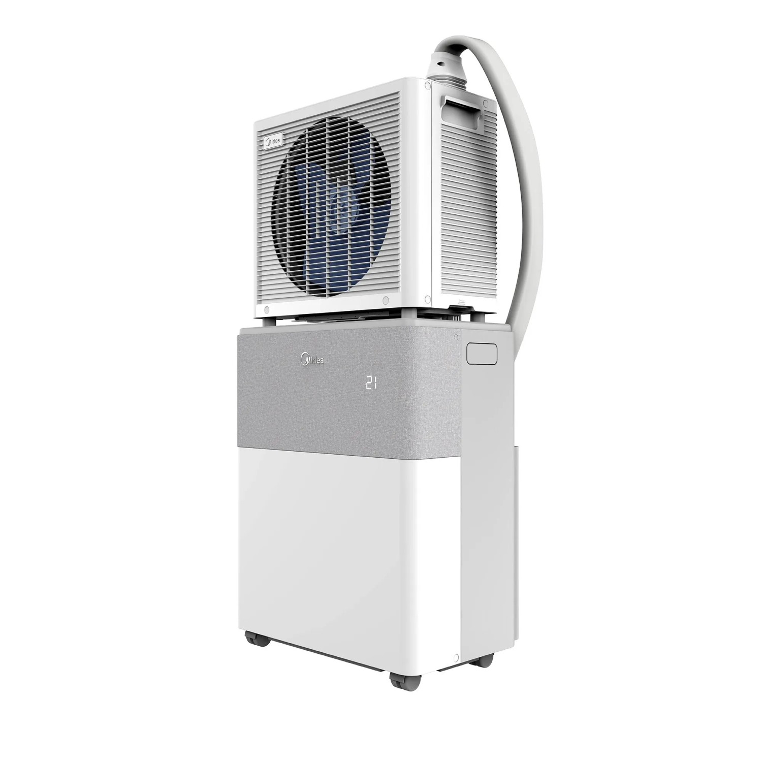 Condizionatore mobile Midea PortaSplit Cool bianco-grigio, unità esterna montata su unità interna.