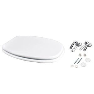 Sedile WC t.b.t. bianco con accessori di montaggio per l'installazione.