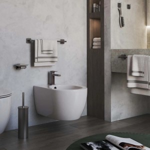 Bagno con accessori: portasciugamani, portasapone, scopino e bidet.
