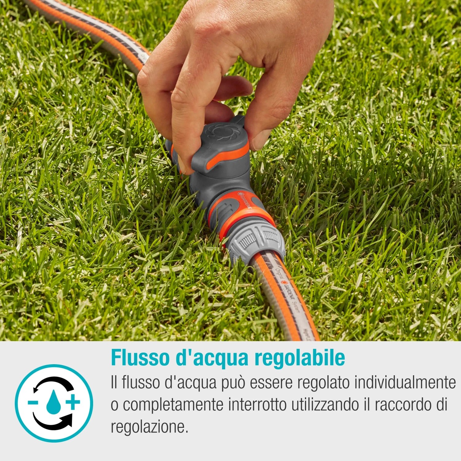 Raccordo Gardena con valvola di regolazione in uso su prato, flusso d'acqua regolabile.