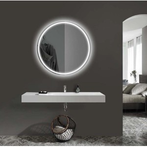 Specchio LED rotondo di t.b.t. sopra un mobile bagno bianco.