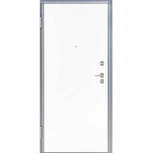 Porta blindata t.b.t. bianca con telaio e ferramenta argentati.