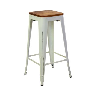 Sgabello in ferro New Bristol bianco antico seduta in legno 42x42x76 cm