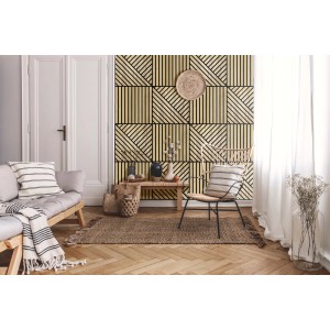 Parete decorativa con pannelli t.b.t. effetto legno e motivo geometrico.