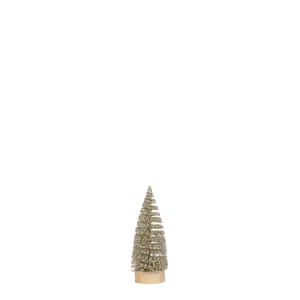 Piccolo albero di Natale decorativo color oro con base in legno.