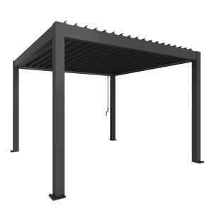 Pergola Biohort grigio scuro metallizzato con lamelle regolabili per ombra flessibile.