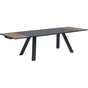 Tavolo da giardino allungabile t.b.t. con piano antracite e dettagli in legno.