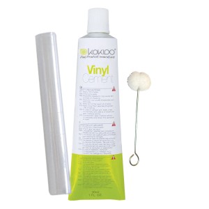 Kit riparazione piscina: colla vinilica, toppa e applicatore per riparazioni.