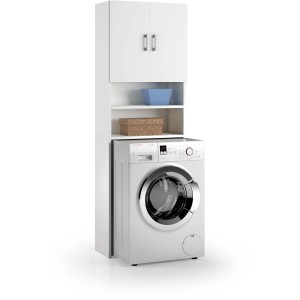 Mobile lavatrice con pensile bianco e ripiani per lavanderia o bagno.