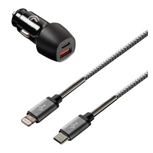 Adattatore caricatore per auto t.b.t. con cavo USB-C e Lightning per accessori interni auto.