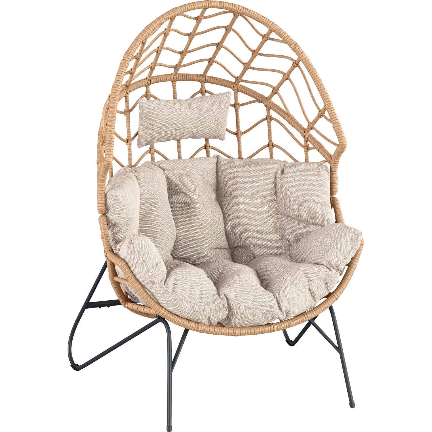 Poltrona t.b.t. intrecciata con cuscini beige e struttura nera per esterni.