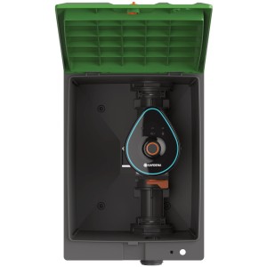 Valvola irrigazione Gardena 9 V Bluetooth in alloggiamento aperto. Centralina per irrigazione automatica giardino.
