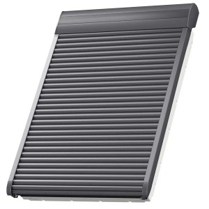 Tapparella elettrica Velux SML CK02, alluminio grigio scuro, per finestre da tetto, chiusa.