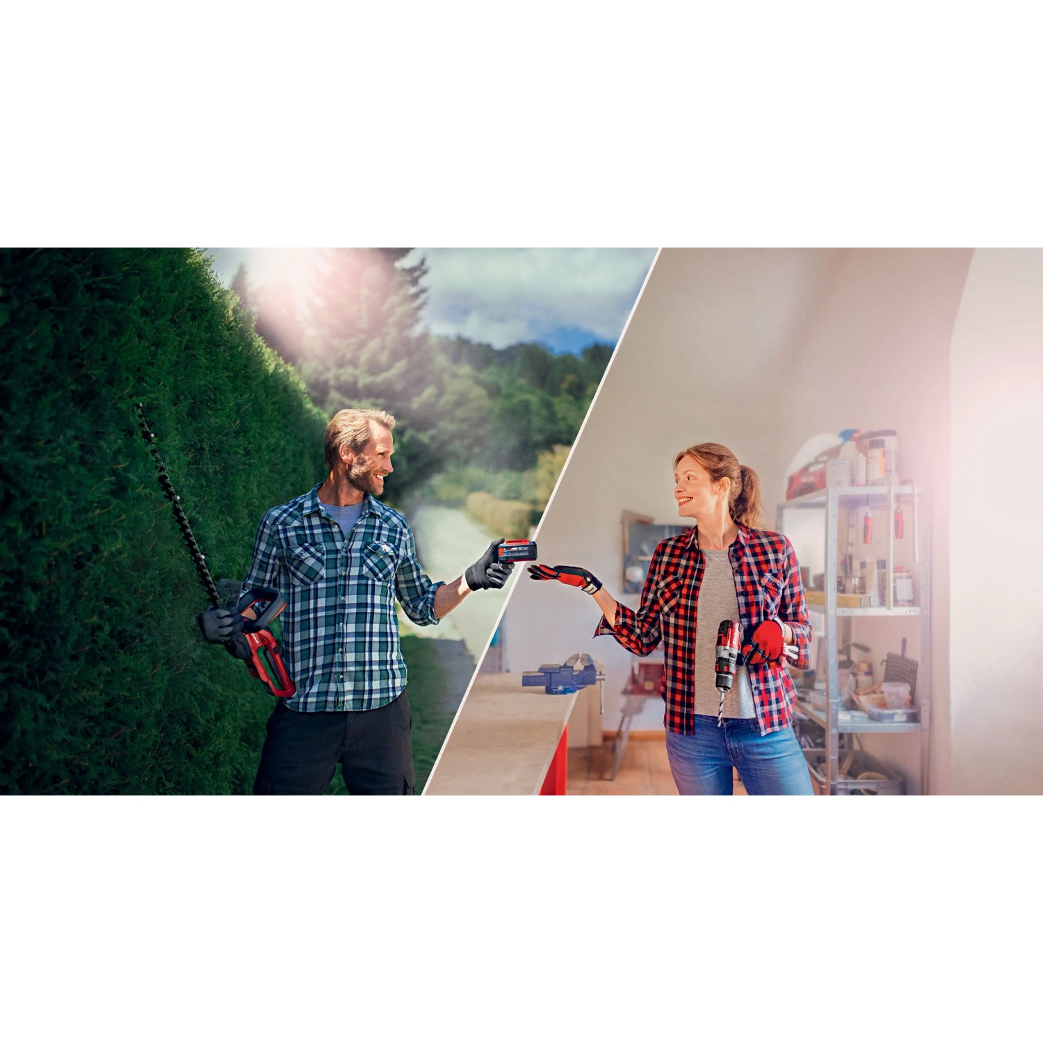 Einhell tagliasiepi a batteria GC-CH 1855/1 Li Solo in uso: uomo taglia siepe, donna con avvitatore a batteria.