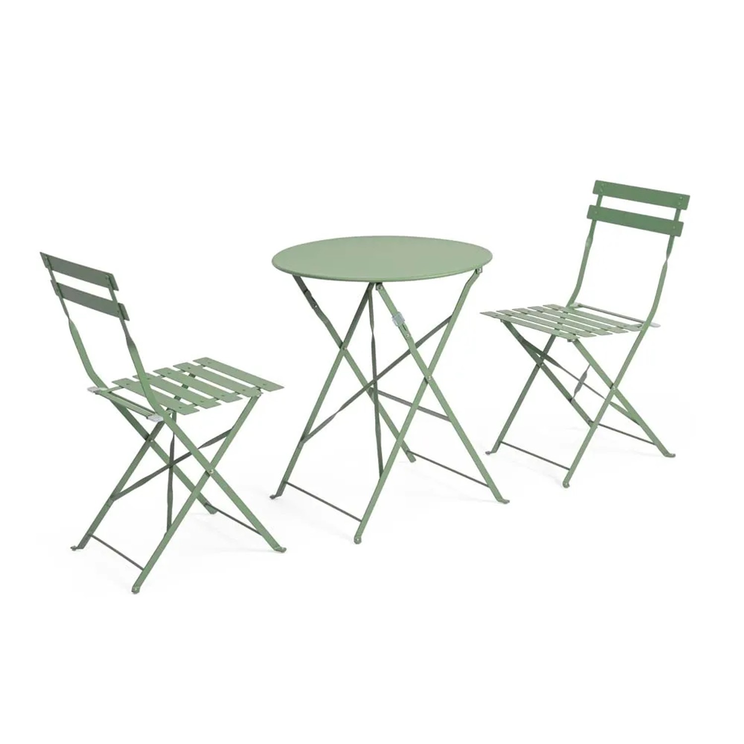 Set di mobili da giardino verde: tavolo e due sedie, pieghevoli e salvaspazio.