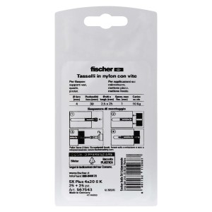 Fischer Tasselli SX Plus 4x20, nylon, con vite, 25+25 pezzi, per fissaggi leggeri.