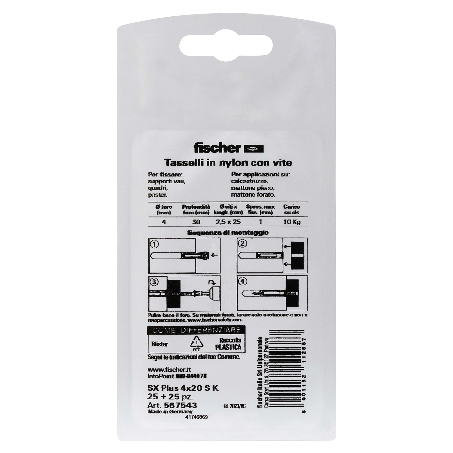 Fischer Tasselli SX Plus 4x20, nylon, con vite, 25+25 pezzi, per fissaggi leggeri.