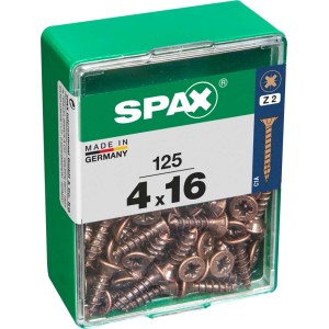 Viti per legno SPAX 4x16 mm, 125 pezzi in contenitore di plastica verde.