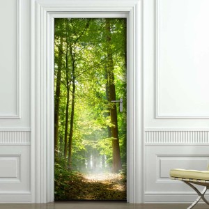 Fotomurali: Porta con motivo forestale. Scena naturale di foresta con alberi e luce.