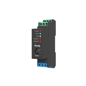 Modulo relè Shelly Pro 2, 2 canali, 25A, grigio, per domotica. Con indicatori LED.