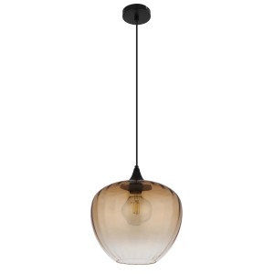 Lampada a sospensione t.b.t. con paralume in vetro colorato marrone.