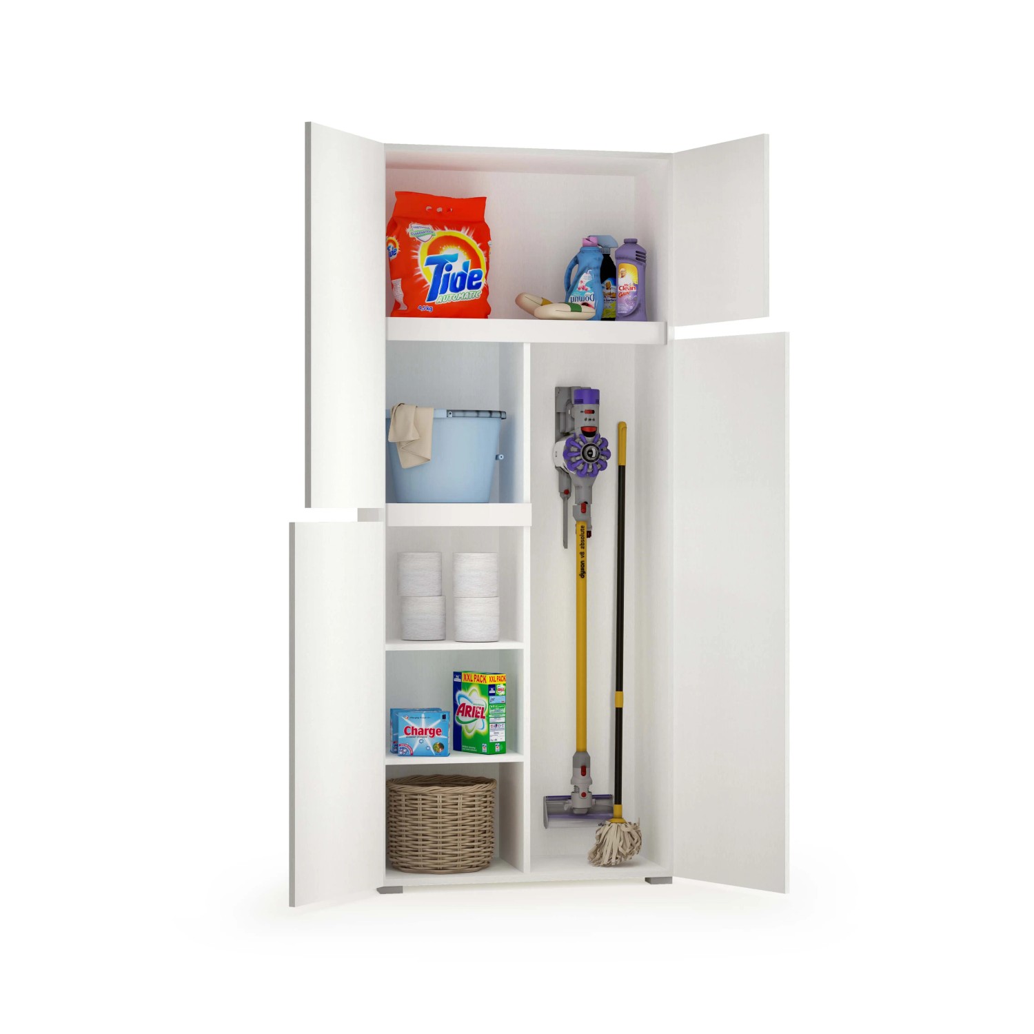 Armadio multiuso bianco con detersivi, aspirapolvere e secchio. Ideale per bagno e cantina.