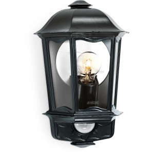 Lampada da parete per esterni Steinel L 190 S nera con rilevatore di movimento. Design a lanterna.