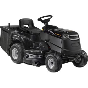 Trattorino tagliaerba nero Alpina AT4 98 HWA con cesto di raccolta.