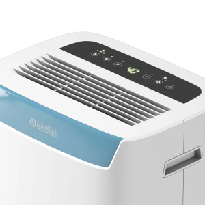 Deumidificatore bianco con display digitale e dettagli blu.