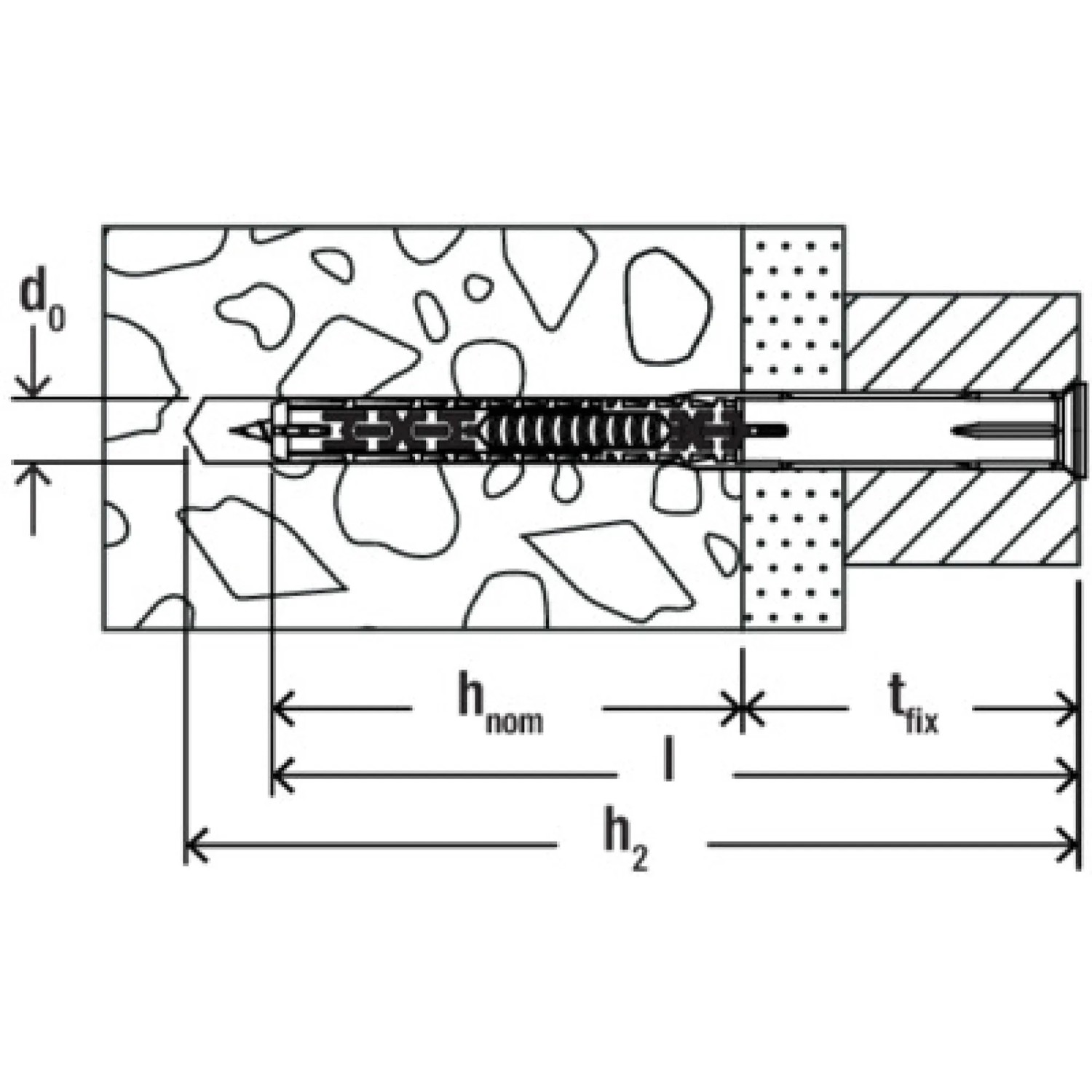 Schizzo: Tassello Fischer DuoXpand 10x140 mm con vite a testa svasata in muratura, dimensioni indicate.