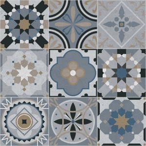 Motivo di adesivi da parete t.b.t. con vari disegni geometrici nei toni del blu e del grigio.