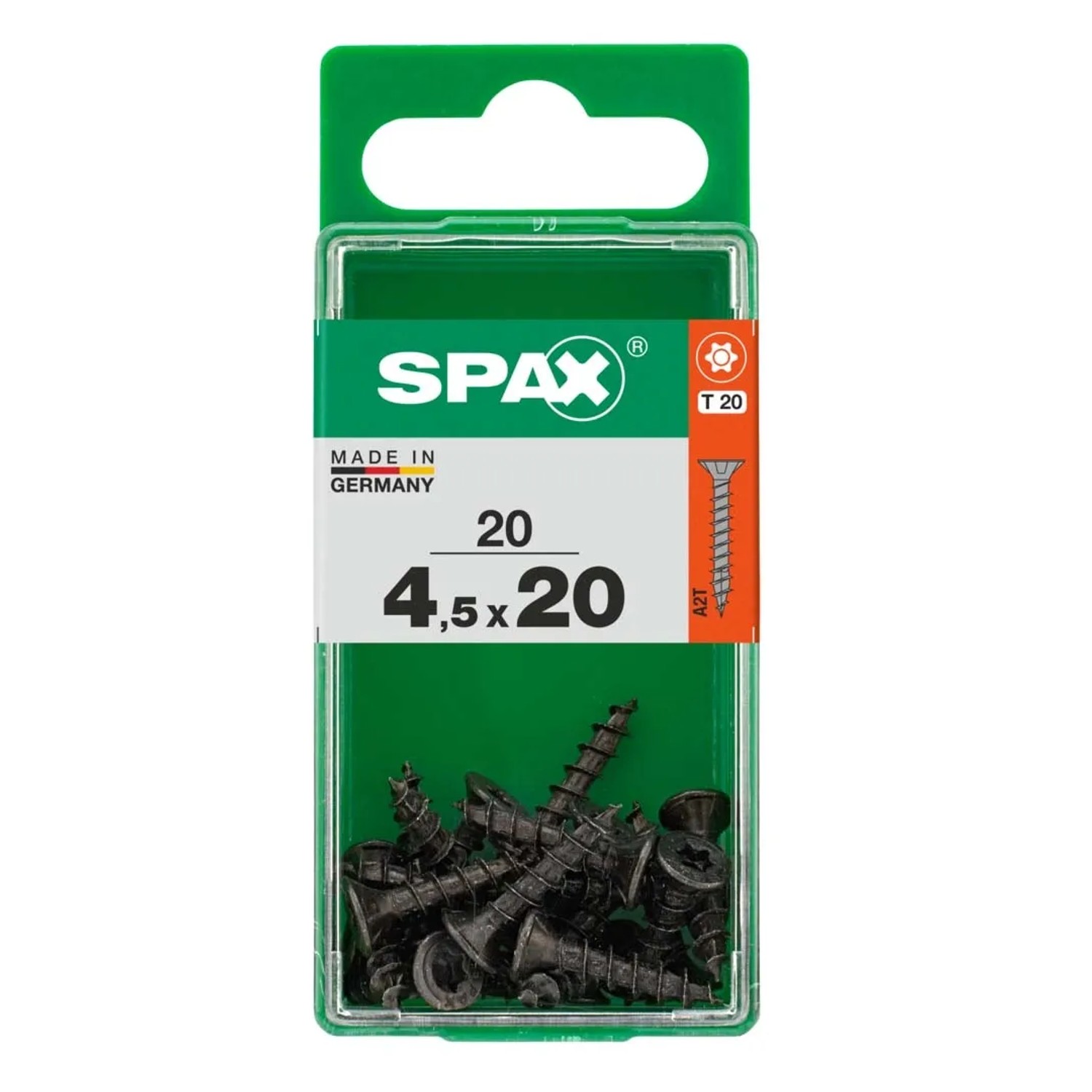 Viti universali Spax, 4,5x20 mm, zincate, nere, 20 pezzi in contenitore di plastica trasparente.