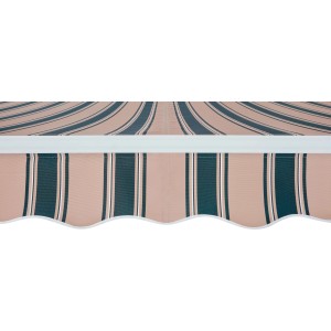 Dettaglio di una tenda da sole t.b.t. a strisce beige e verde scuro.