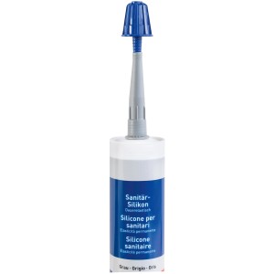 Silicone sanitario grigio permanentemente elastico in cartuccia con tappo blu, parte del set attrezzi LUX-TOOLS.