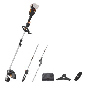 Set tagliabordi a batteria con tagliabordi, tagliasiepi, motosega, caricabatterie e accessori.