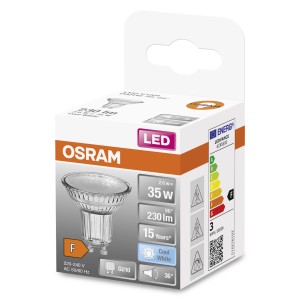 Lampadina LED GU10 Osram, 35W, Cool White nella confezione.