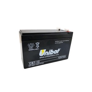 Batteria Unibat CB7-12, 12V 7Ah per impianto elettrico auto. Nera, senza manutenzione e a prova di perdite.