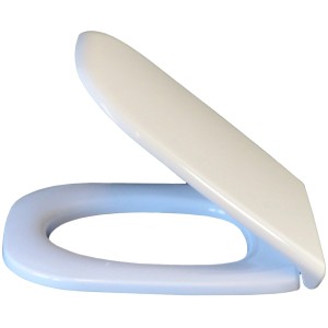 Sedile WC Duravit D-Code bianco con cerniere in acciaio inox, aperto.