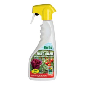 Flacone spray Florlis Zolfo+Rame per la cura delle piante contro ingiallimenti fogliari e macchie brune.
