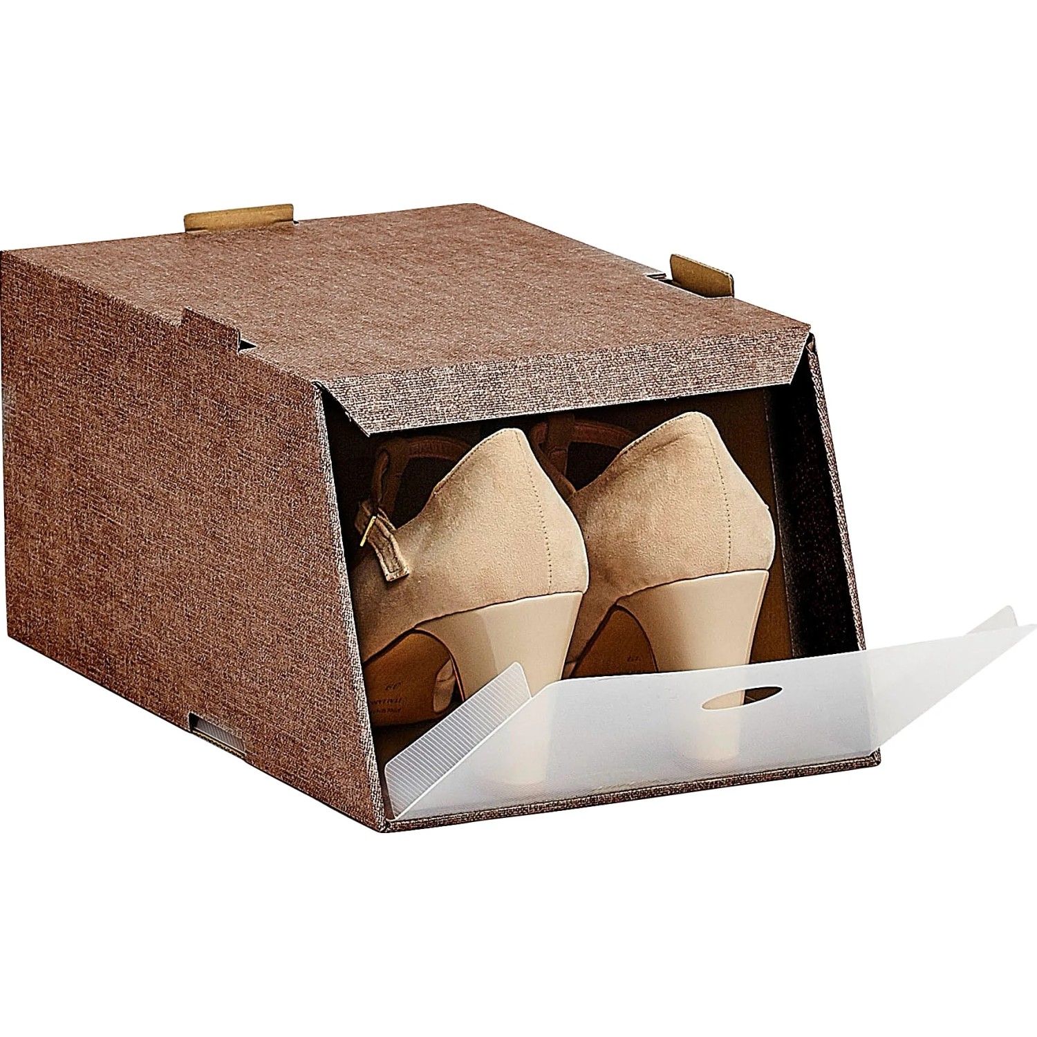 Organizzatore per scarpe marrone con un paio di scarpe. Ideale per riporre nell'armadio.