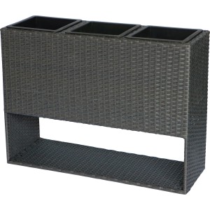 Colonna porta piante grigia con tre inserti effetto rattan.